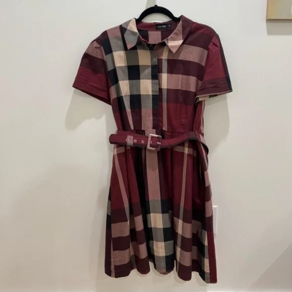 Red Plaid Belted Shirt Dress